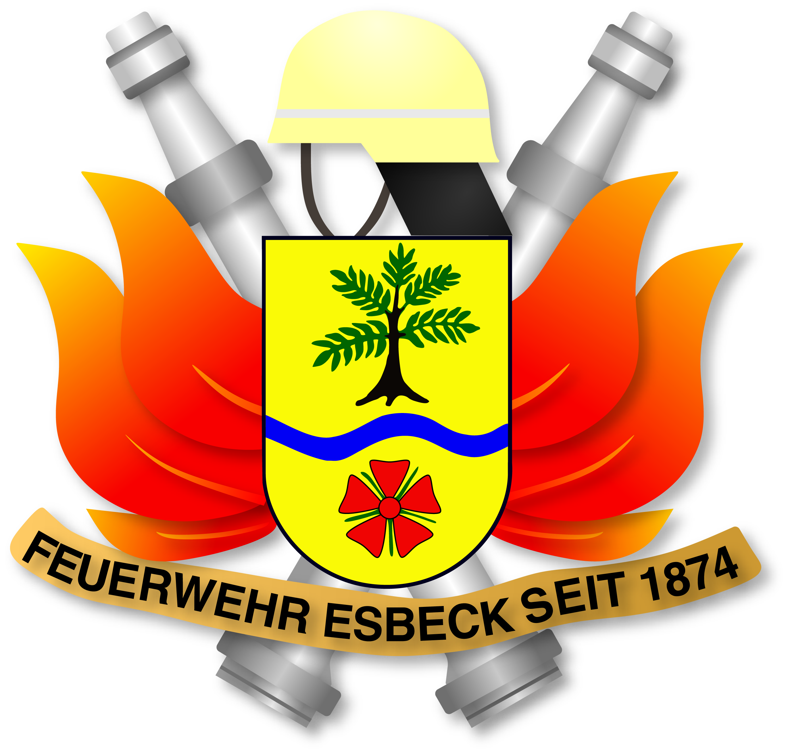 Das Logo der Freiwilligen Feuerwehr Esbeck zeigt mittig im Vordergrund das Ortswappen, umgeben von einem Helm, Strahlrohren und Flammen.  Es ist der Schriftzug Feuerwehresbeck seit 1874 zu lesen